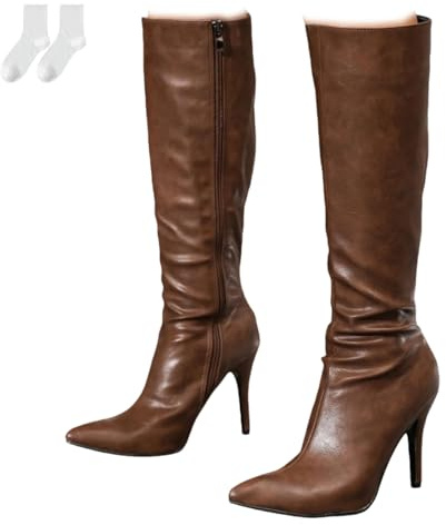 Botas Altas Hasta La Rodilla Para Mujer Con Tacón De Aguja, Botas Elegantes De Tacón Alto Con Punta Afilada Efecto Piel, Caña Ancha Y Cremallera Lateral Para Uso Diario,Marrón,38 EU