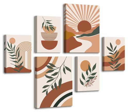 6 Pcs Tableau Decoration Murale Boho Terracotta Lignes Géométriques Affiche En Cadre Set, Orange Rouge Soleil Feuille Impression Sur Toile Plantes Minimalistes Peinture Déco Mural pour Chambre Salon