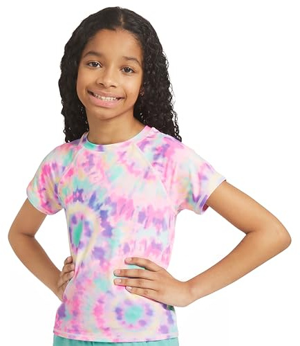 Lands' End Girls' Swim UPF 50+ Short Sleeve Sun Tee Rash Guard Shirt, Aruba Blue, Small