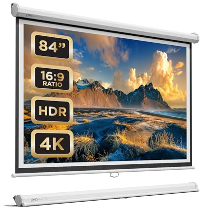 DMD Collective - 84 Inch Manual Projector Screen Pull Down, Wall Mounted | HD Projection Screen for Home Cinema, Office, School & Classroom Presentations, Retractable Movie Screen