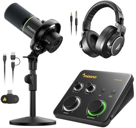 MAONO PD200W Hybrid Wireless Podcast Microphone With Desktop Stand, USB/XLR Dynamic Mic With PS22 Lite XLR Audio Interface and MH700 Studio Headphones for Live Streaming(Not Included XLR Cable)