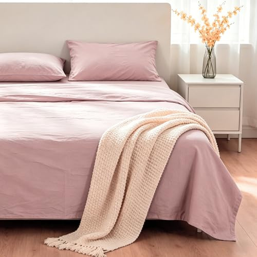 VKZ Set Lenzuola Matrimoniale Cotone con Angoli, Completo Letto Matrimoniale in Puro Cotone per Biancheria da Letto Confortevole e Durevole,ROSA ANTICO