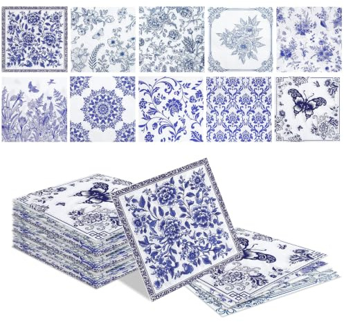 Tapufitil 30 Unidades Servilletas Azul y Blanco, Servilletas con Motivo de Flores, Servilletas de Papel Desechables 33x33cm para Manualidades DIY, cumpleaños Infantiles y Fiestas de Baby Shower