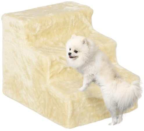 PawHut Escalier pour Chien à 3 Marches Antidérapante 46x35x35cm Beige | Escalier pour Chat, Échelle pour Animaux de Compagnie, Housse Amovible et Lavable