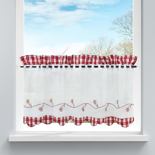 HongYa Bestickte Scheibengardine Halbtransparente Küche Kleinfenster Gardine mit Karo-Muster H/B 30/120cm Rot