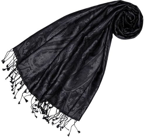 Lorenzo Cana Pashmina Damen - Schal Schaltuch jacquard gewebt 100% Seide Paisley Muster Seidenschal Seidentuch Schwarz Ton in Ton 78612