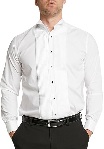 DoubleTwo - Men’s White Wing Collar Tuxedo Shirt - Formal Dress Shirt with Double Cuff - Stitched Pleat Front - Cotton Blend Dinner Shirt for Weddings & Black Tie (White, 17.5 inch)