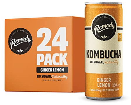 Remedy Raw Kombucha Tea - Sparkling Live Cultured Drink - Sugar Free Ginger Lemon - 250ml Can (24 Pack)