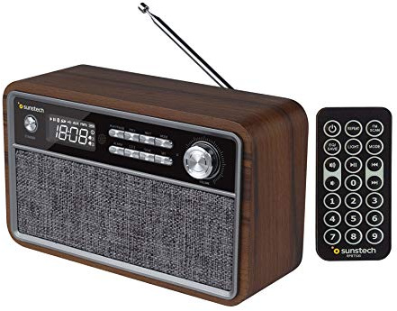 SUNSTECH RPBT500 Kompakt FM-radio i trä med förinställda inställningar, klockläge, dubbelt larm, Bluetooth-högtalare (v4.2) kraftfull bas, handsfree, USB, micro SD och aux-in med fjärrkontroll.