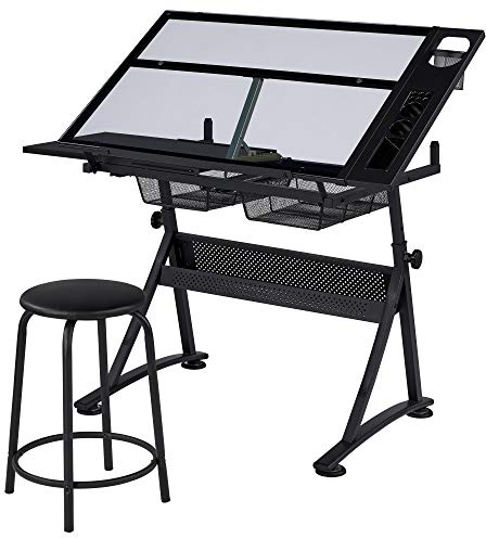 Yaheetech Height Adjustable Table Glass Top with Storage Drawers Black