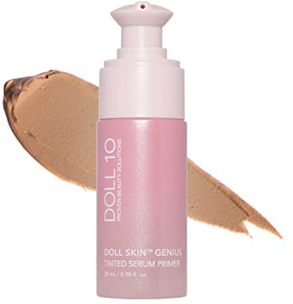Doll 10 - Doll Skin Tinted Serum Primer - Blurs Color, Texture & Pores - Improves Skin While Wearing - Good for All Skin Types - Oil Free, Vegan, Cruelty Free & No Parabens (Tan-Deep, 1 oz)