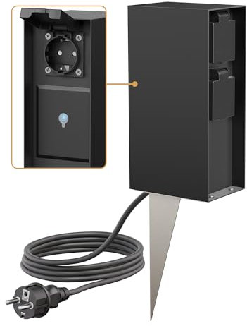 ledscom.de Garten-Steckdosensäule POMI mit Erdspieß und 2m Kabel für außen, IP44, Smart Home, WLAN, Alexa, 3-Fach, schwarz, eckig, 23cm