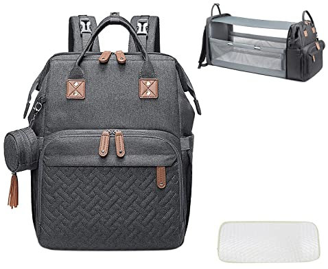 SONARIN Multifunktional Baby Wickelrucksack Wickeltasche mit Faltbarem Babybett,Tragbare Wasserdicht Wickeltasche Rucksack Kinderwagentasche mit Matte,Schnullertasche & USB-Anschluss(Grau)