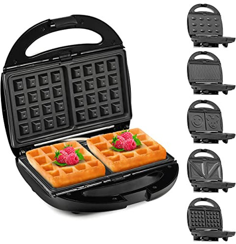 Lehmann Sandwichmaker 5 en 1 avec différentes formes | Gaufrier, grill contact, panini, sandwich, gâteaux sucrés | Comprend 5 ensembles de plaques antiadhésives | 800 W