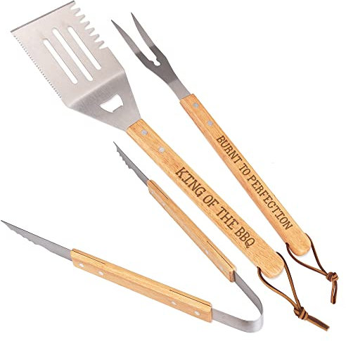 Gift Base Personalised BBQ Tongs Tool Set 3 Piece Stainless Steel With Wooden Handle Custom Message Fathers Day
