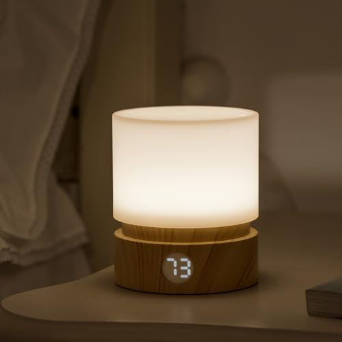 Smilodon Timer Night Light, Small LED Bedroom Lamp, Bedside Table Lamp, Night Light Kids, Baby Breastfeeding, Woodgrain, Dimmable, Battery Operated, Warm Mood Light Color