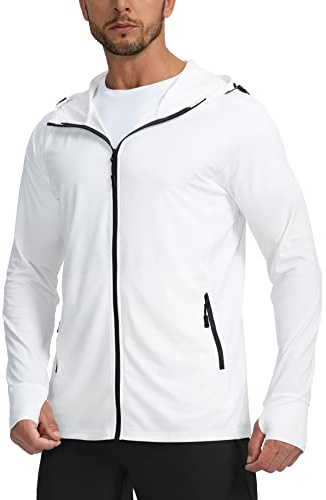 Men's UPF 50+ Light Jacket Full Zip Sun Protection Hoodie Long Sleeve Sun Shirts for Men Hiking Fishing Zip Pockets(White_L)
