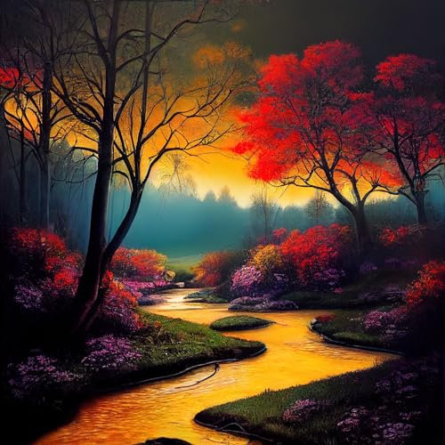 Acryl-Bild 80 x 80 cm: Schöne bunte Landschaft und Cottage-Illustration (194889374)