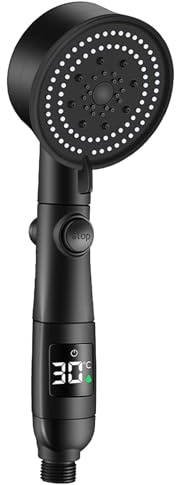 Universal Duschkopf, Digitaler Wassersparender Duschkopf, Wasserstopp-Temperaturanzeige, 5 Modi, Duschkopf Mit 2m Schlauch, für Duschkopf mit Wasserstopp, Hochdruck-Duschkopf (schwarz)