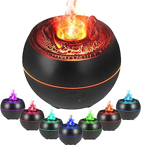 Vusddy Difusor De Aromas con Efecto Llama, Difusor De Aceites Esenciales, 7 Colores, 3 Temporizadores, Apagado Automático Sin Agua, Humidificador Difusor para El Hogar, Oficina, Dormitorio(Black)