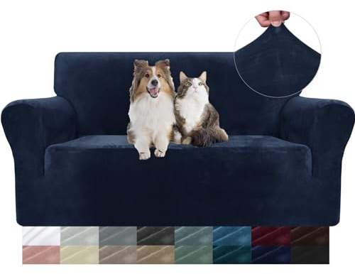 YSTELLAA Samt Sofa Überzug 2 Sitzer, Stretch Sofahusse Universal, Sofaschoner rutschfest, Sofa Covers Mit Armlehne, Couch Bezug Schutz Katze, Waschbare Couchschoner, Dunkel Blau