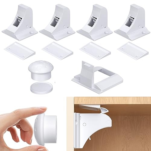 AOSITE - Paquete de 4 cerraduras magnéticas de seguridad infantil para cajones de cocina con adhesivo, sin taladrar ni tornillos fijos, cerraduras de seguridad para bebés