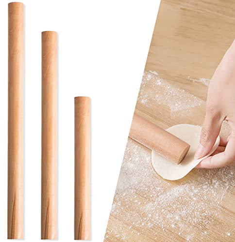 DBAILY Rodillo, 3 rodillos de madera de haya sin asas, tacto de madera profesional, suave, no pegajoso, adecuado para hacer masa, albóndigas, utensilios para hornear (16 cm, 25 cm, 30 cm)