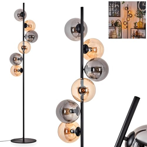 Stehleuchte Gastor, Stehlampe aus Metall/Glas in Schwarz/Rauchfarben/Bernstein, Leuchte im Retro/Vintage-Design mit Schirmen aus Glas (Ø 15 cm) u. Fußschalter, Höhe 160 cm, 6 x E14, ohne Leuchtmittel