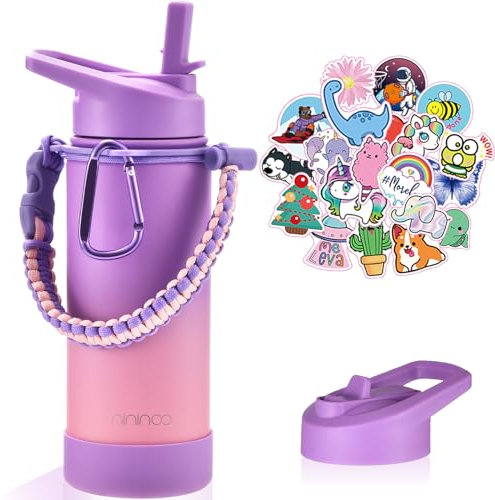 Mininoo Kids Water Bottle for School, 16oz Insulated Stainless Steel Water Bottle Kids with Straw Lid for Girls（Purple/Pink）