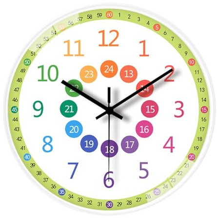 Reloj de pared para niños,Reloj de aprendizaje para niños,Relojes redondos de aula de 8 pulgadas para habitación de niños - Reloj de pared colorido, reloj silencioso para aprender decir la hora para