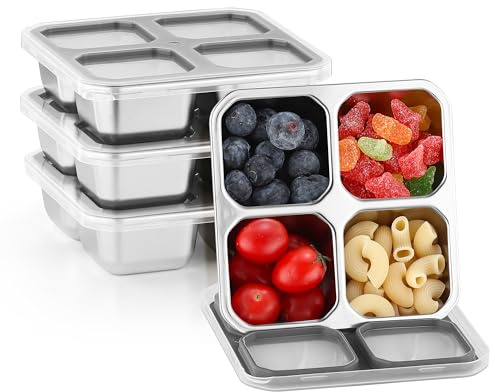 Misichao Edelstahl Snackbox mit 4 Fächern, 400ML Snackdose Kinder, Brotdose Erwachsene, Lunchbox Spülmaschinenfest BPA-Frei (Grau x 4)