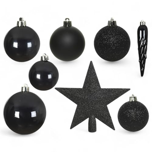 MIJOMA 33-teiliges Weihnachtskugel Set – Christbaumschmuck aus bruchfestem Kunststoff – Hängender Weihnachtsschmuck mit 29 Kugeln & 3 Eiszapfen – Dekorative Weihnachtsornamente (Schwarz)