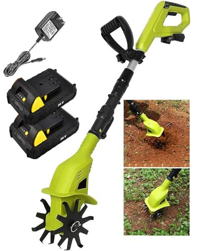 Electric Garden Rotavator Cordless Tiller Cultivator - 10cm Tilling Width, 25cm Working Depth, 2 x 2000mAh Battery & Charger - Electric Rototiller Tiller for Soil Cultivation