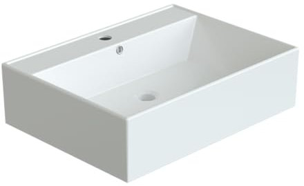 Keramik Waschbecken Bad eckig klein 58,5x44x16cm mit Überlauf und Hahnloch ohne Unterschrank weiß Eckwaschbecken Handwaschbecken ultradünner Rand viele Montagemöglichkeiten