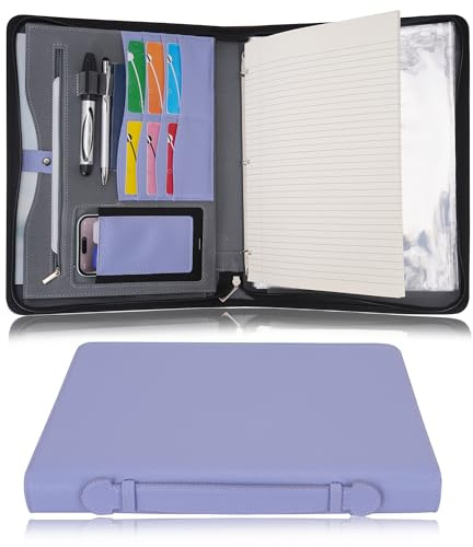 Wonderpool Viaggio Portfolio con Zip 3 Anelli A4 Padfolio Astuccio Documenti con Clip Rimovibile Portablocco, Organizzatore per Ufficio e Scuola per Uomini e Donne (Viola)