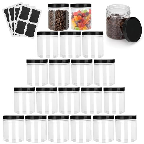 Aramanara 20 barattoli in plastica con coperchio, 500 ml, trasparenti, rotondi, vuoti, ricaricabili, a prova di perdite, con etichette, per spezie, cibo, artigianato, liquidi, cereali