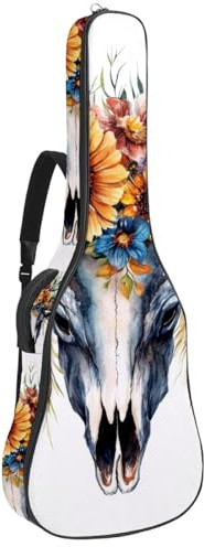 Gitarrentasche, Motiv: Bullenschädel mit Pfingstrose und bunten Schmetterlingen, gepolsterte Tasche für Akustikgitarre, Rucksack mit verstellbaren Schultergurttaschen, Mehrfarbig 04, 42.9x16.9x4.7 in,