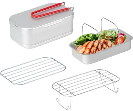 Generisch Fiambrera de metal – Fiambrera de metal | Caja de metal | Fiambrera multifunción de aluminio | Fiambrera con asa | Fiambrera con asa | Vaporera, Fiambrera de camping con H plegable