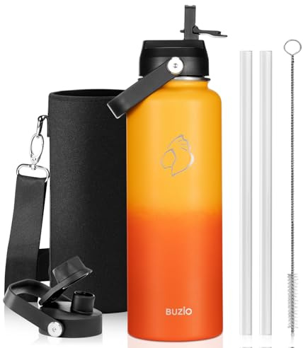 BUZIO Insulated Water Bottle 1.2L Stainless Steel with Straw & Spout Lid | Metal Water Bottle Keeps Cold 48 Hrs Hot 24 Hrs with Strap, Leakproof Drink Bottles, BPA-Free, for Gym, Travel, Sports