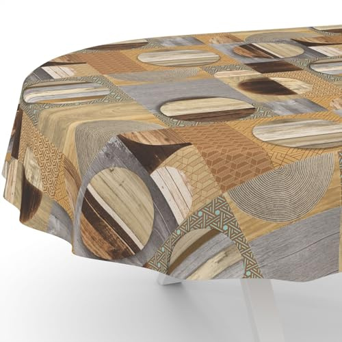 ANRO Nappe en toile cirée lavable, Nappe de table en toile cirée cirée, Nappe de table en cire, Nappe de jardin hydrofuge, Ovale, 200 x 140 cm, bord coupé, patchwork en bois, brun