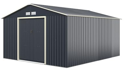 RELAX4LIFE Casetta da Giardino in Acciaio Zincato 340 x 382 x 210 cm (Base: 12,3 m²), 4 Prese d'Aria, Porta 138x162 cm, Tetto Inclinato, Porte Scorrevoli, Grigio