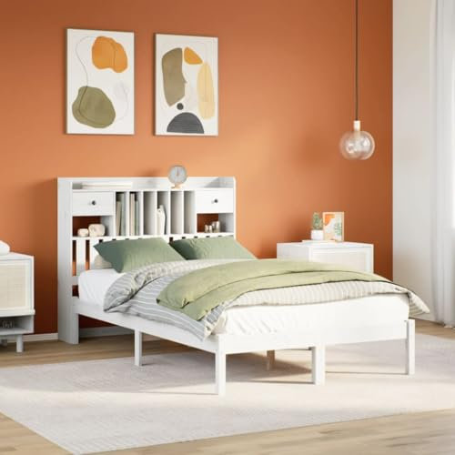 Iiaky Massivholzbett mit Regal ohne Matratze Bett Mit Stauraum Massivholzbett Holzbett Bettgestell Weiß 135x190 cm Kiefer // 3321617