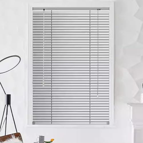 Estor veneciano de aluminio plateado con listones de 25 mm, ajustable, para cubrir ventanas, con cuerda y barra, montaje en techo/pared (140 x 170 cm)