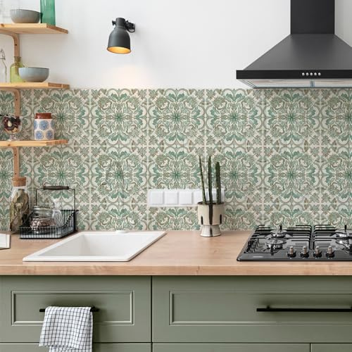 mefound 25Pcs Tile Sticker Vintage Green Moroccan Self Adhesive Tiles Transfer Sticker for Bathroom Kitchen, Peel and Stick DIY Splashback for Cooker Adhesive Vinyl Wall Decoration20cm/7.87inch
