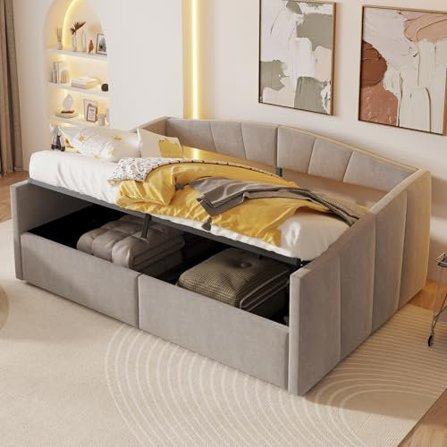 Polsterbett Tagesbett 140x200 cm, Doppelbett mit hydraulischem Stauraum und Lattenrost, Stauraumbett Jugendbett Kinderbett Bettgestell Schlafsofa Sofabett Gästebett, Samtstoff, Ohne Matratze, Hellgrau