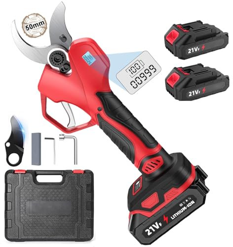 Tijeras de Podar Eléctricas 50mm, Tijeras de Podar Batería Profesional con Batería y Pantalla LCD, Cuchillas Sharp Sk5, Ideal para la Poda de Jardinería y Árboles Frutales (Con 2 pilas)