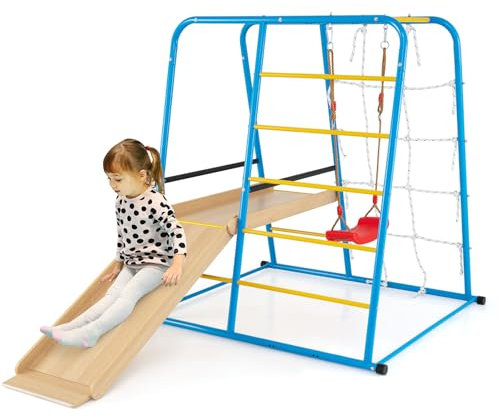 HOMASIS Klettergerüst Indoor, 6 in 1 Spielplatz mit Rutsche Schaukel Kletterleiter Kletternetz & Pull Up Bar, Montessori Kletterspielzeug aus Metall, für Kinder ab 3 Jahren, Bunt, 225 x 150 x 158 cm