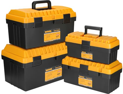 4-Piece Nesting Tool Box Set with Removable Trays for Garage Workshop | 4 Size Plastic Tool Organiser with Compartments, Home Storage, DIY, Hobbyist, 13 15 17 19 Inch