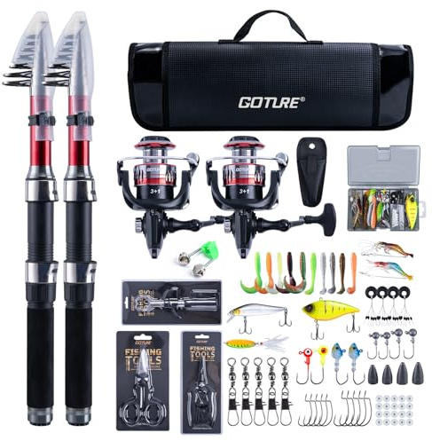 Goture Angelset mit 2 Teleskop-Angelruten, 1,8m Angelrute Set Komplett 2 5.2:1 Spinnrolle, Angelwerkzeug-Set, Köderbox & Tragetasche – für Salz-/Süßwasser, Reisen–Angelgeschenk