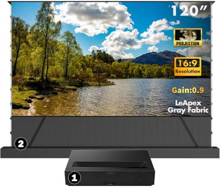 Paquete-Formovie Theater Premium 4K UHD Proyector Ultra Corto Láser+Pantalla de Proyección de Marco Fijo de 2200 ISO Lúmenes Cine en Casa (Proyector+Pantalla Gray Fabric motorizada de 120)